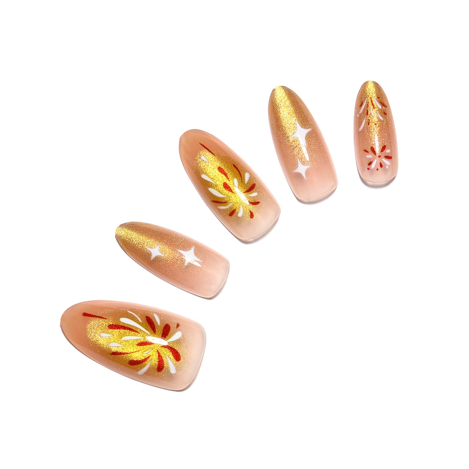 Firework Bless nude gold firework almond press on nails with shimmer and star accents