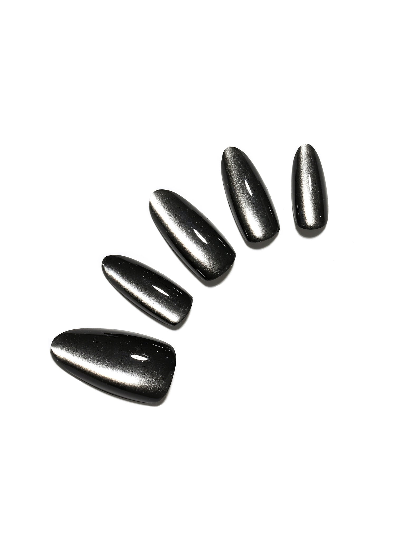 Noir Eclipse long almond black chrome press-on nails gunmetal mirror finish 30-piece PMMA acrylic set