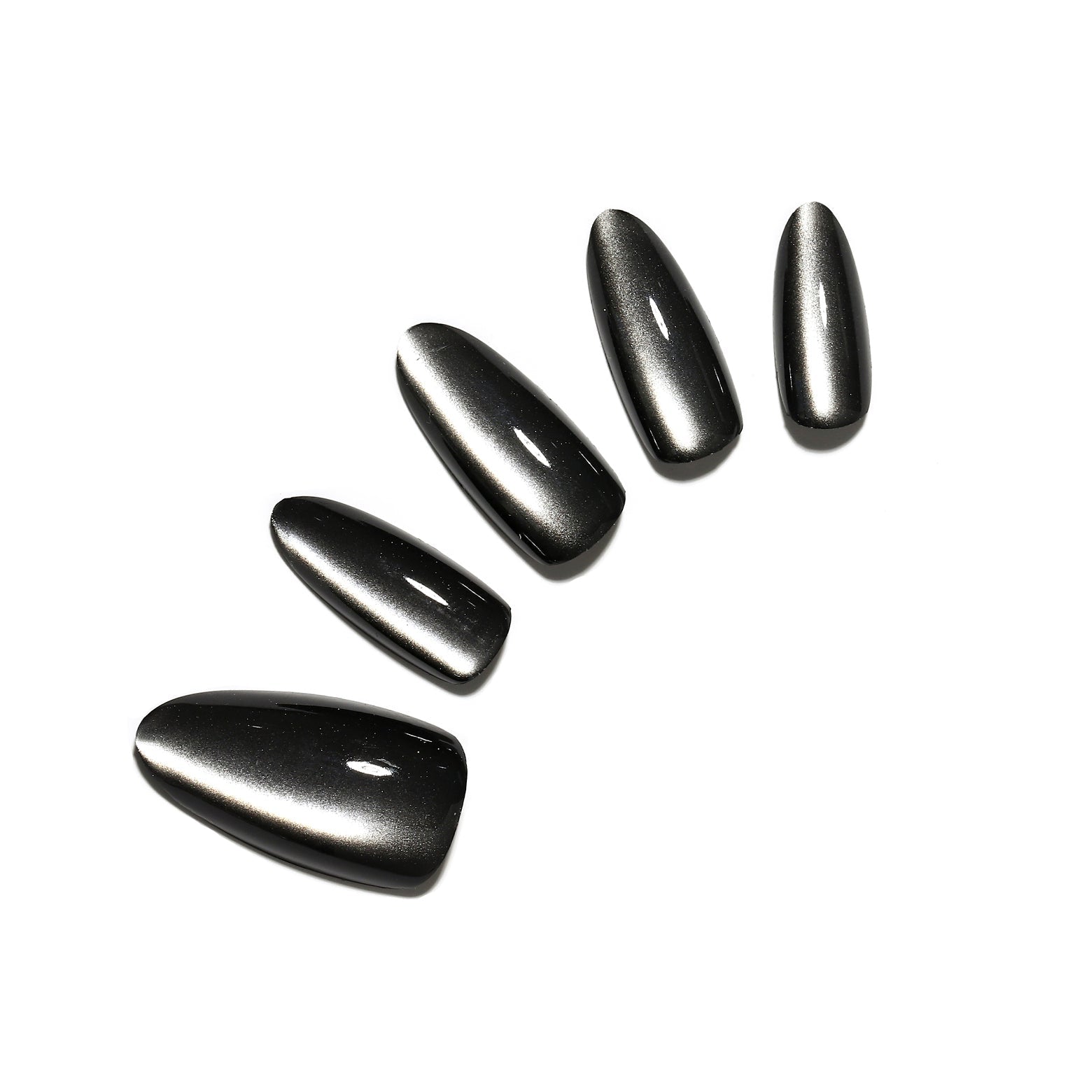 Noir Eclipse long almond black chrome press-on nails gunmetal mirror finish 30-piece PMMA acrylic set
