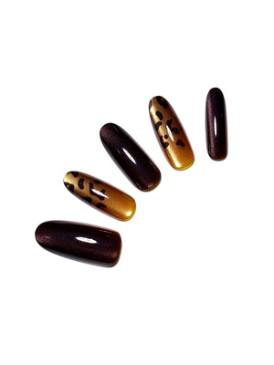 Safari Queen long oval leopard cat eye press-on nails in brown and gold bronze 30-piece set