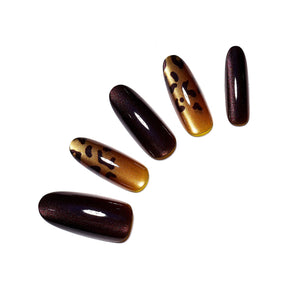 Safari Queen long oval leopard cat eye press-on nails in brown and gold bronze 30-piece set
