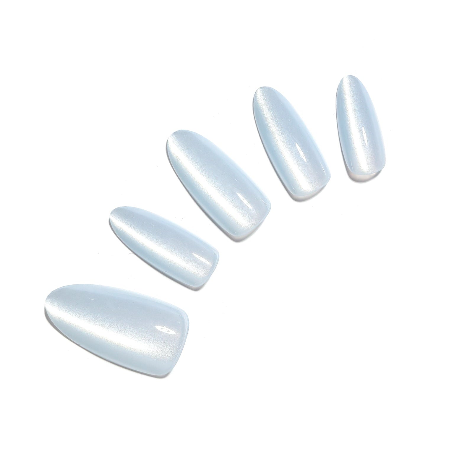 Glacier Glow medium almond icy pearl press-on nails cool white glossy sheen 30-piece set