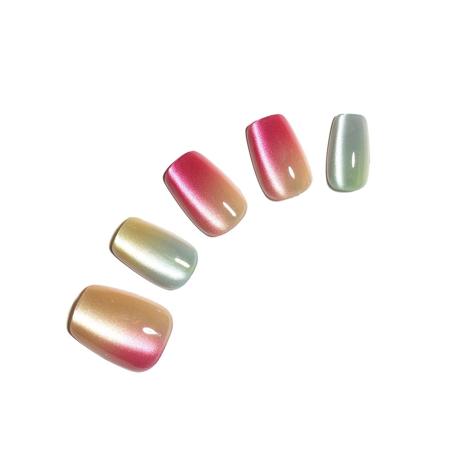 Crystal Candy short square chrome press-on nails in pink mint champagne and silver
