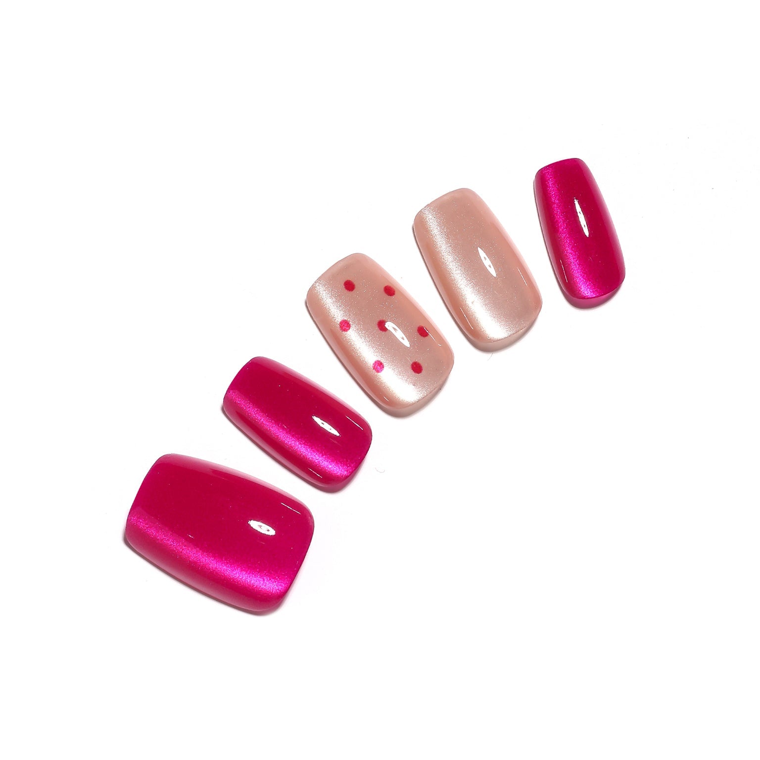 Poppin Rose square hot pink chrome press-on nails with pearl blush and polka dot accent 30-piece set