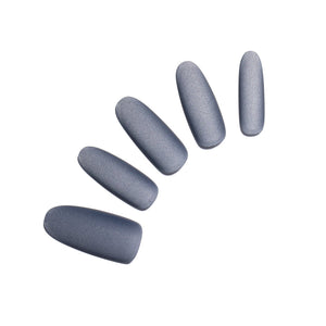 Smoky Indigo long oval smoky blue-gray press-on nails 30-piece set