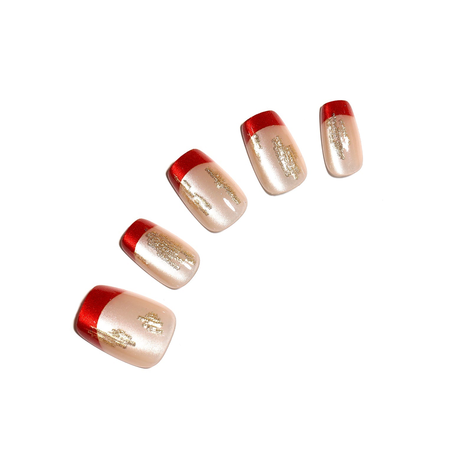 Fortune Spark red French tip gold foil square press on nails on nude base