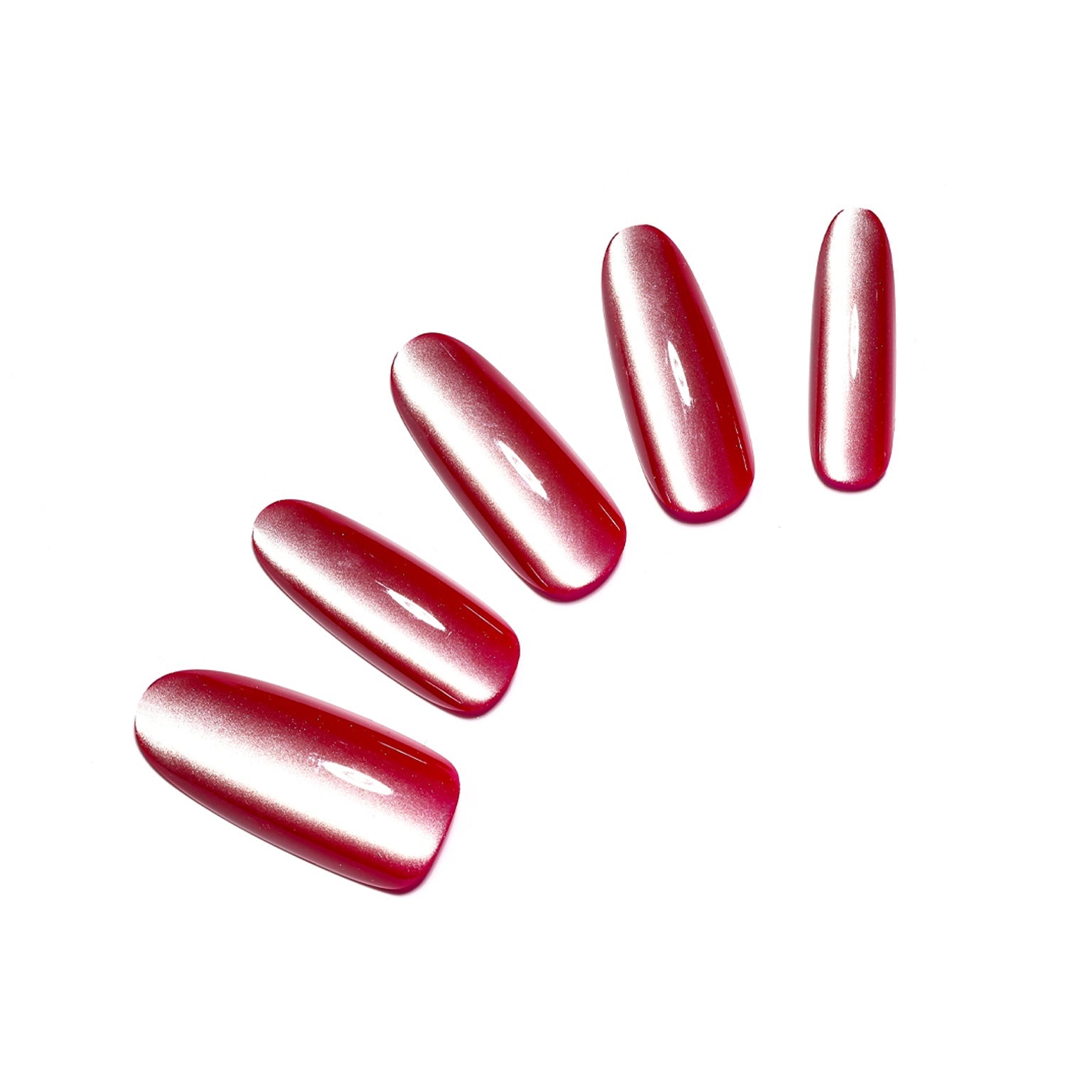 Rose Quartz red cat eye long oval press on nails 30 piece acrylic set with glossy shimmer