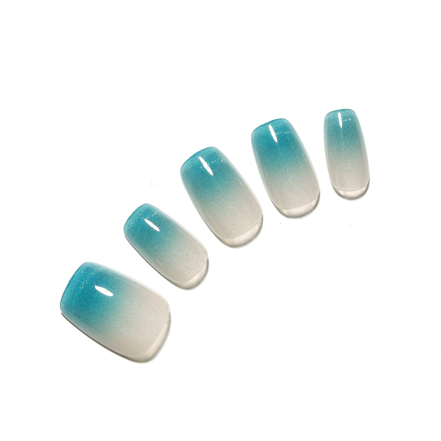 Aqua Mist blue aqua ombre press-on nails square shape milky fade glossy gradient 30-piece set