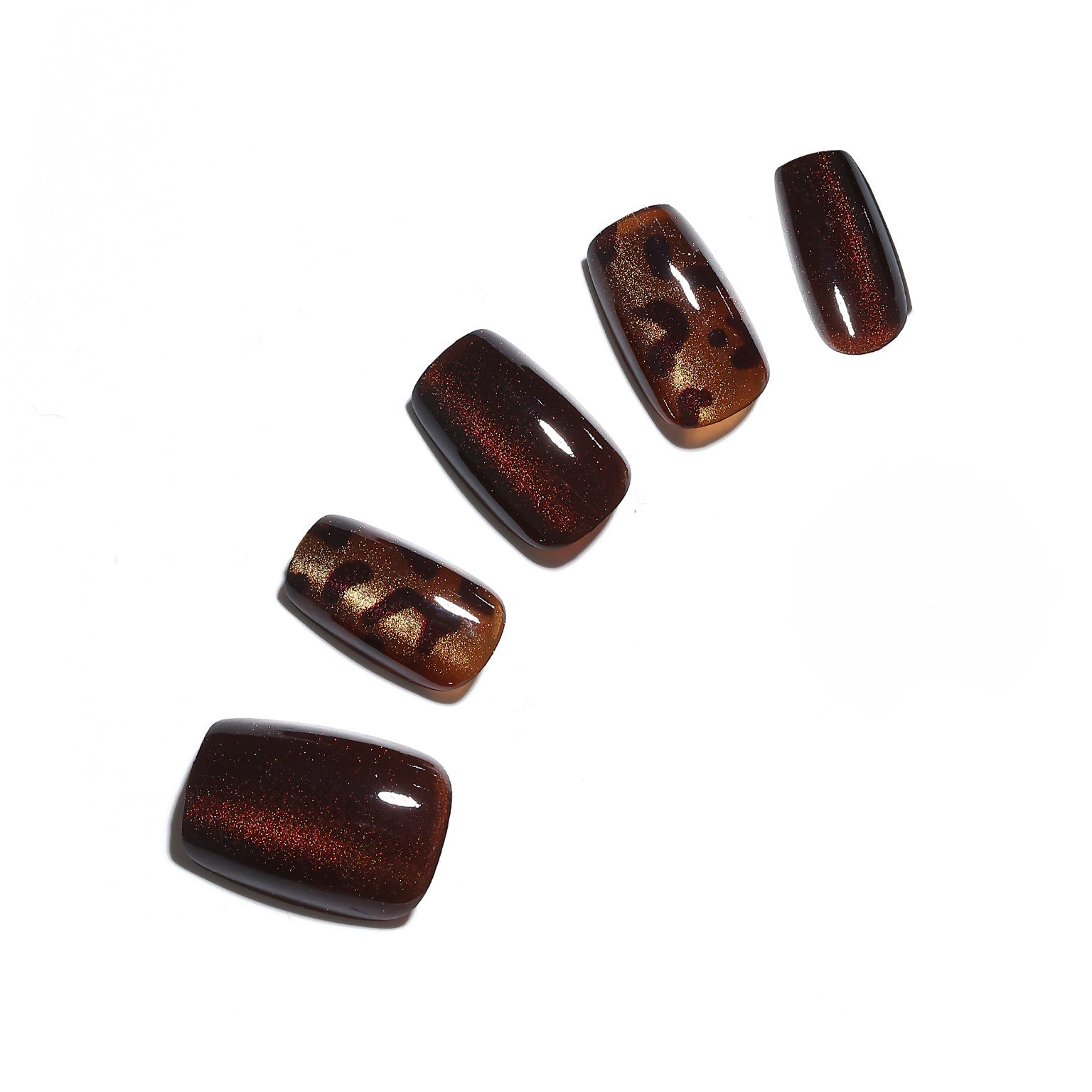 Dark Jungle square chocolate cat eye press-on nails with tortoiseshell leopard accents 30-piece set