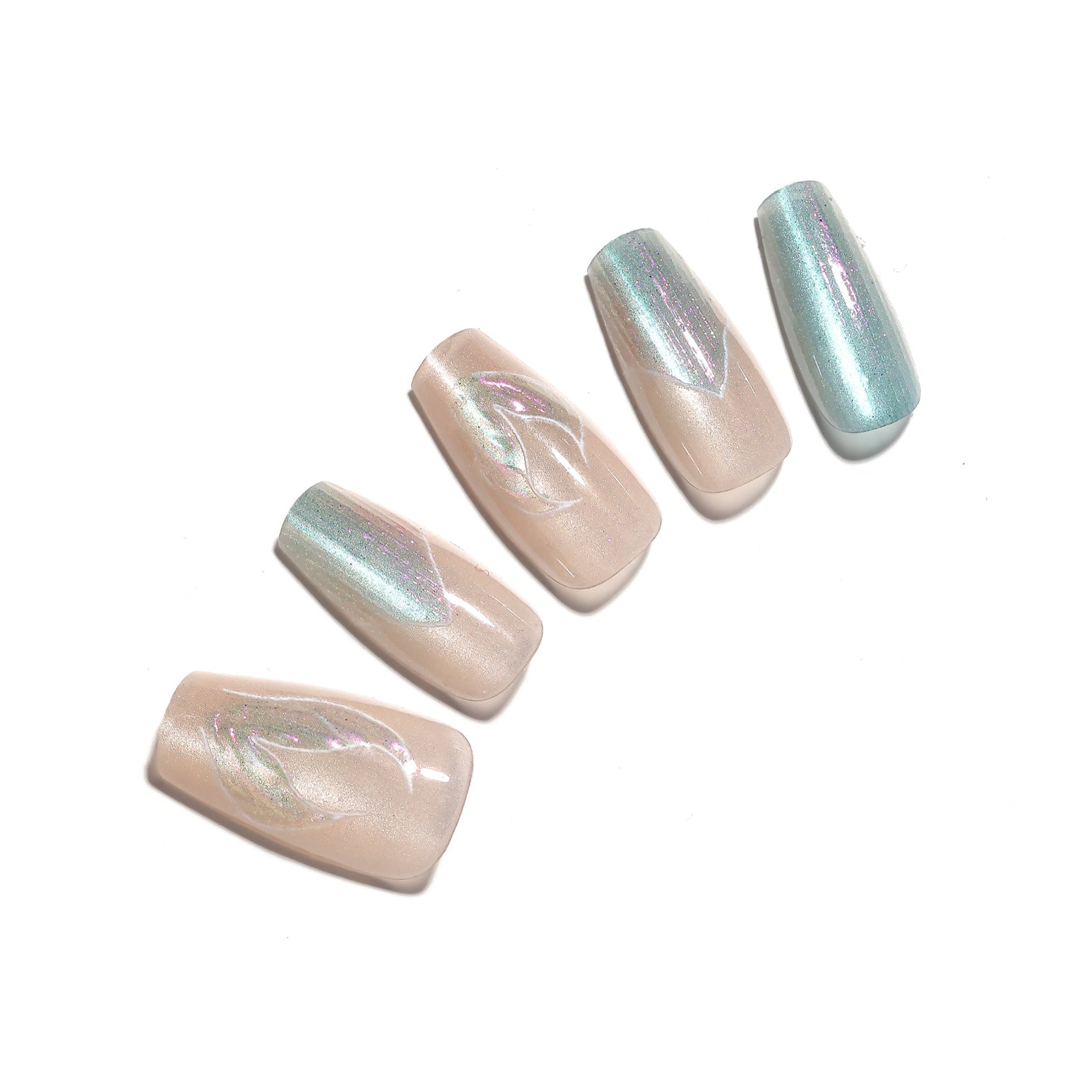 Mermaid Dream medium almond iridescent pearl chrome press-on nails milky nude with icy aqua accents 30-piece set