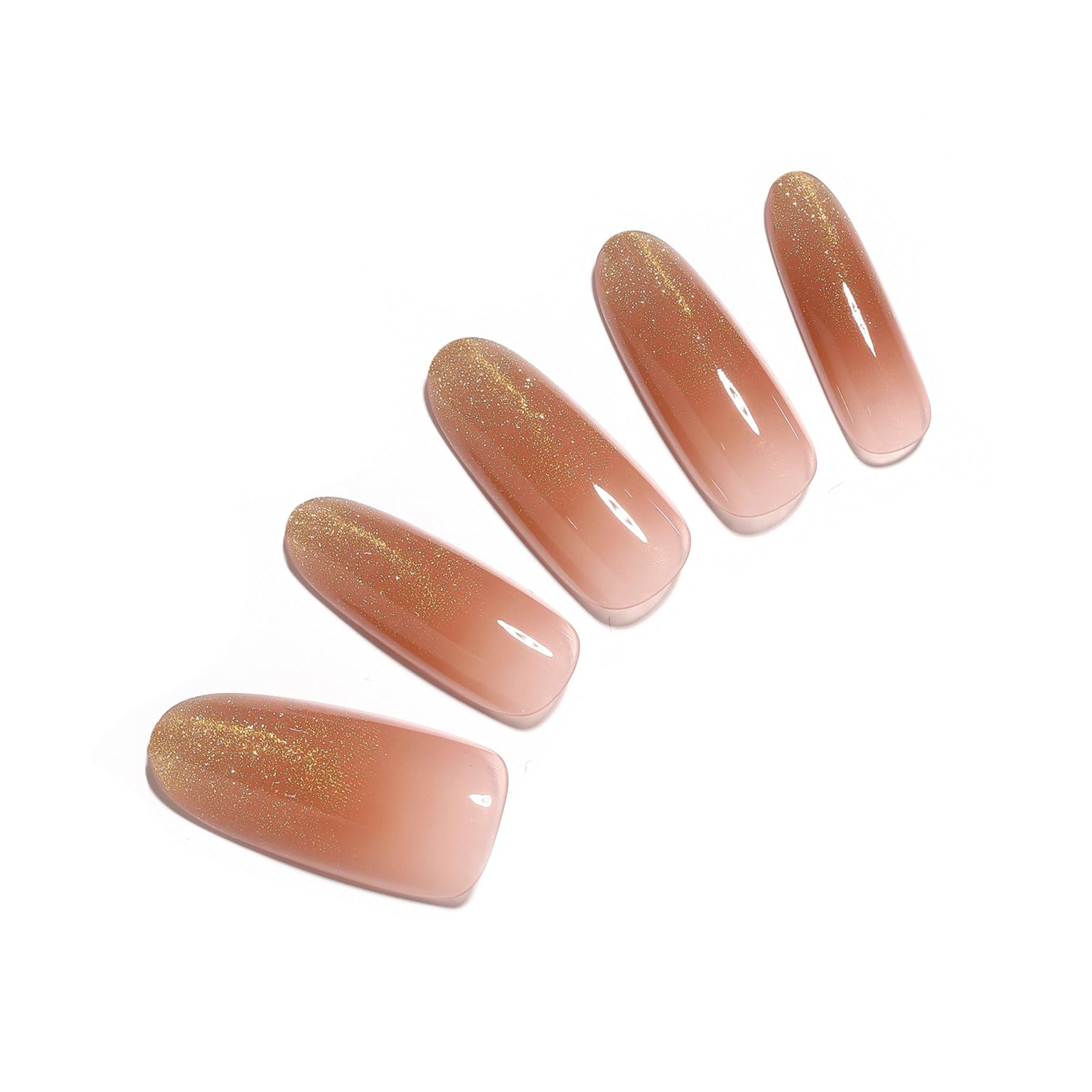 Sunlit Nude long oval nude gold shimmer ombre press-on nails 30-piece full-design set