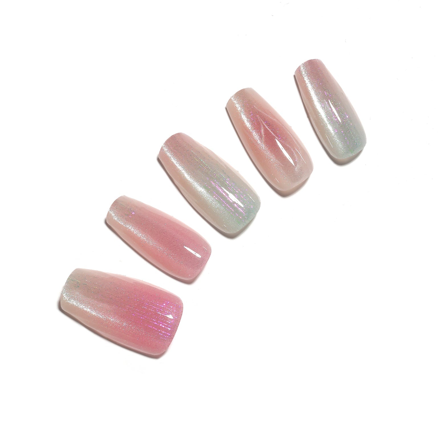 Cotton Candy long coffin iridescent pink pearl press-on nails with aurora glazed shine 30-piece set