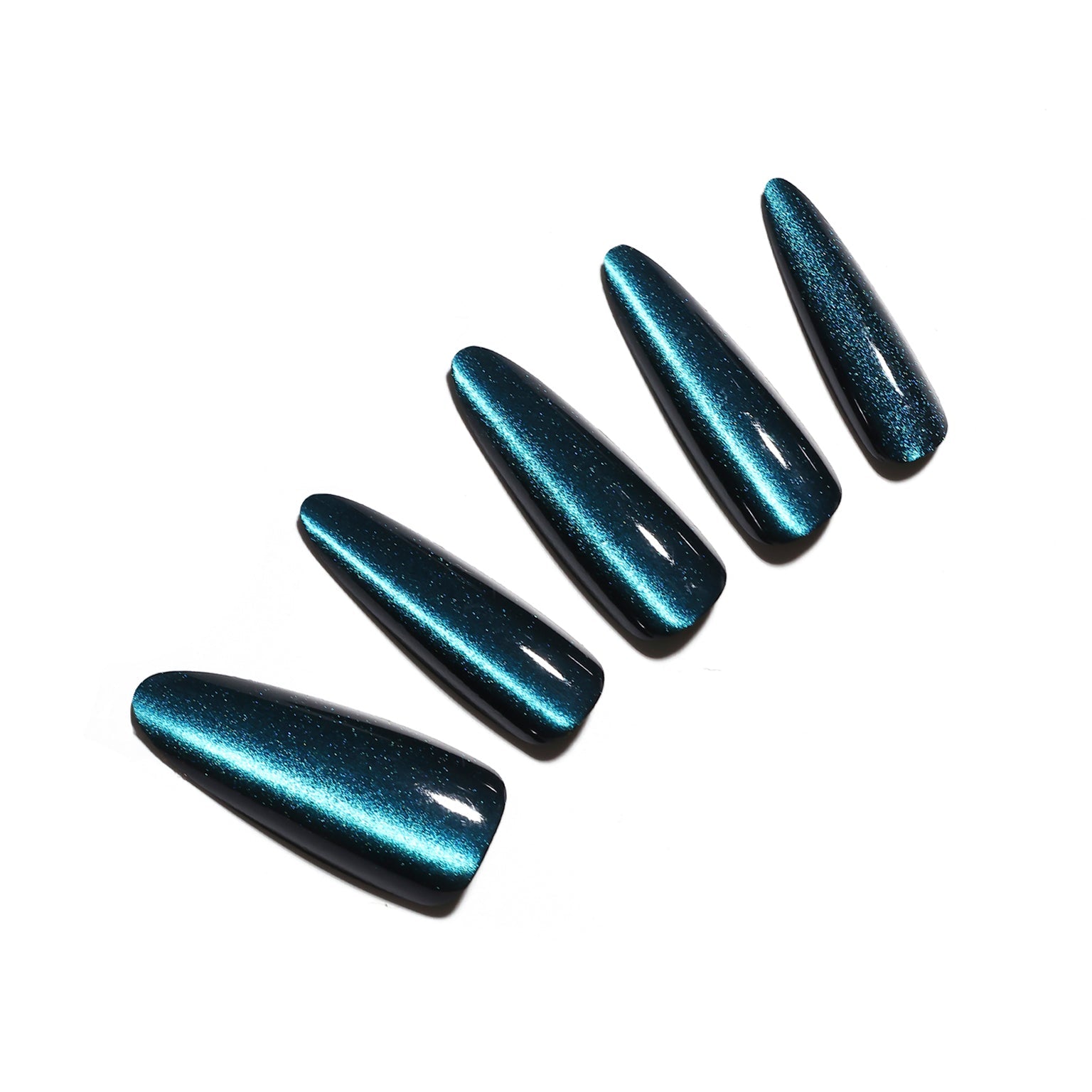 Midnight Nebula long stiletto metallic teal press-on nails glossy shimmer finish 30-piece set
