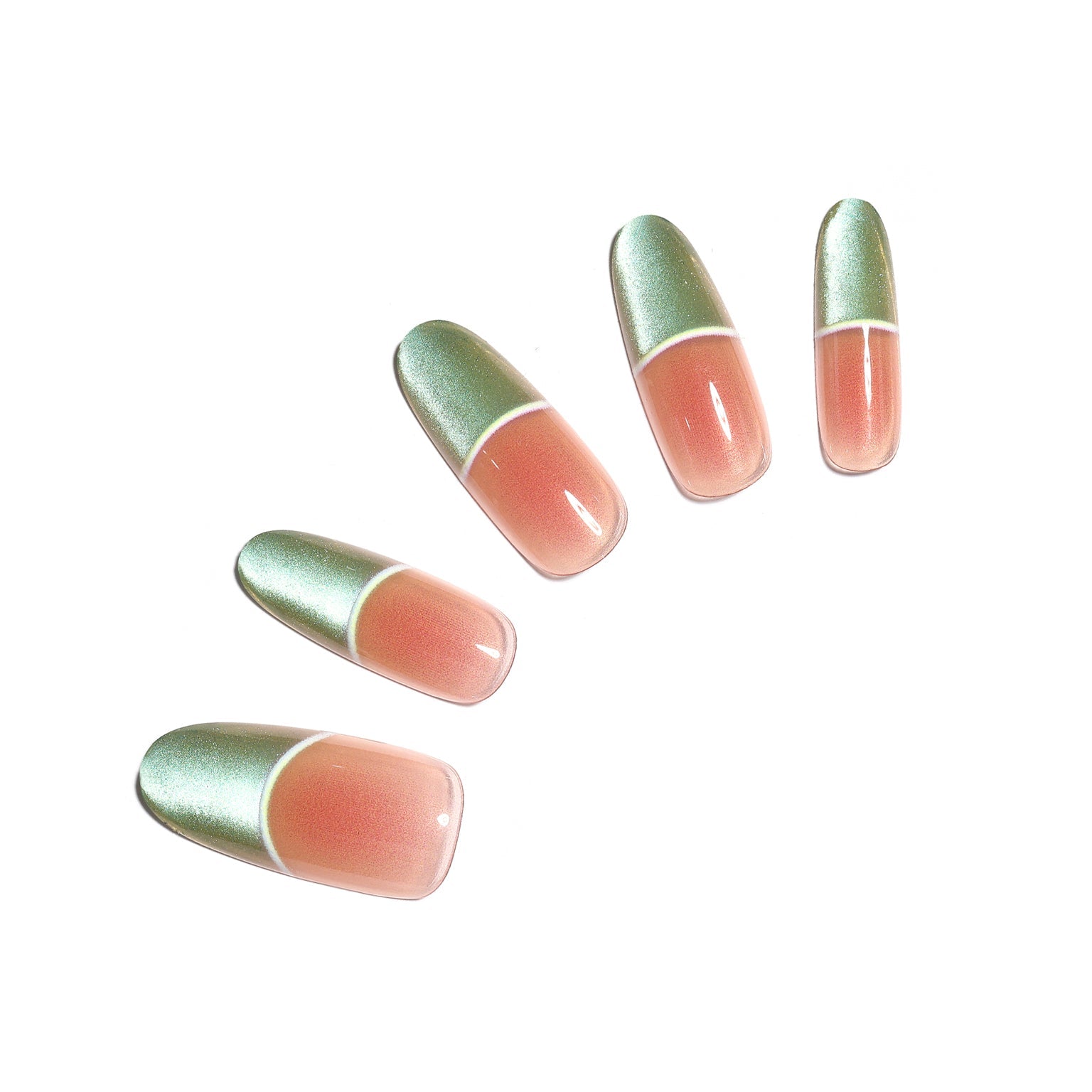 Fresh Meadow long oval green chrome French tip press-on nails with sheer peach base 30-piece set