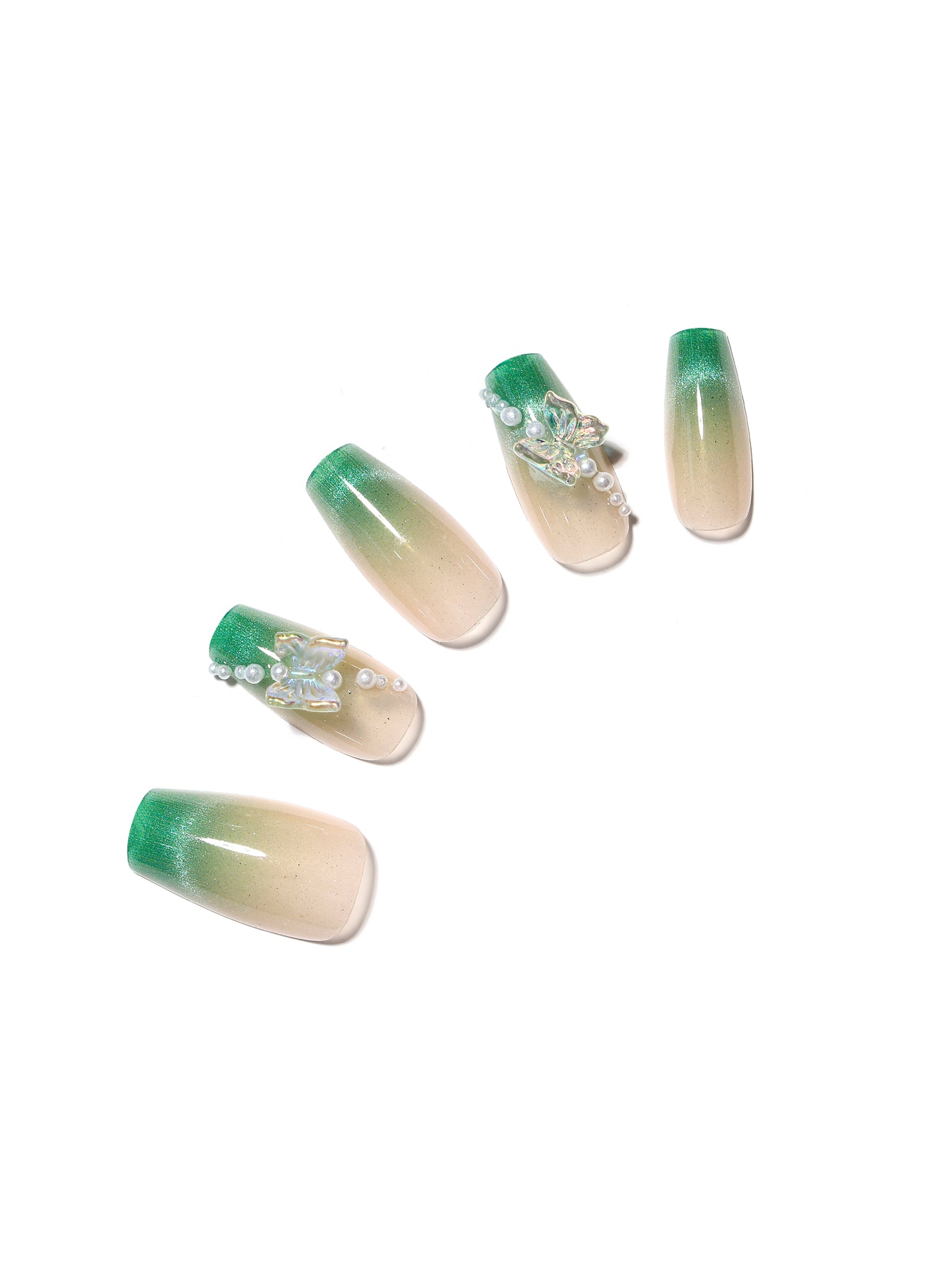 Garden Grace long coffin green French tip press-on nails with pearls and 3D butterflies 30-piece set