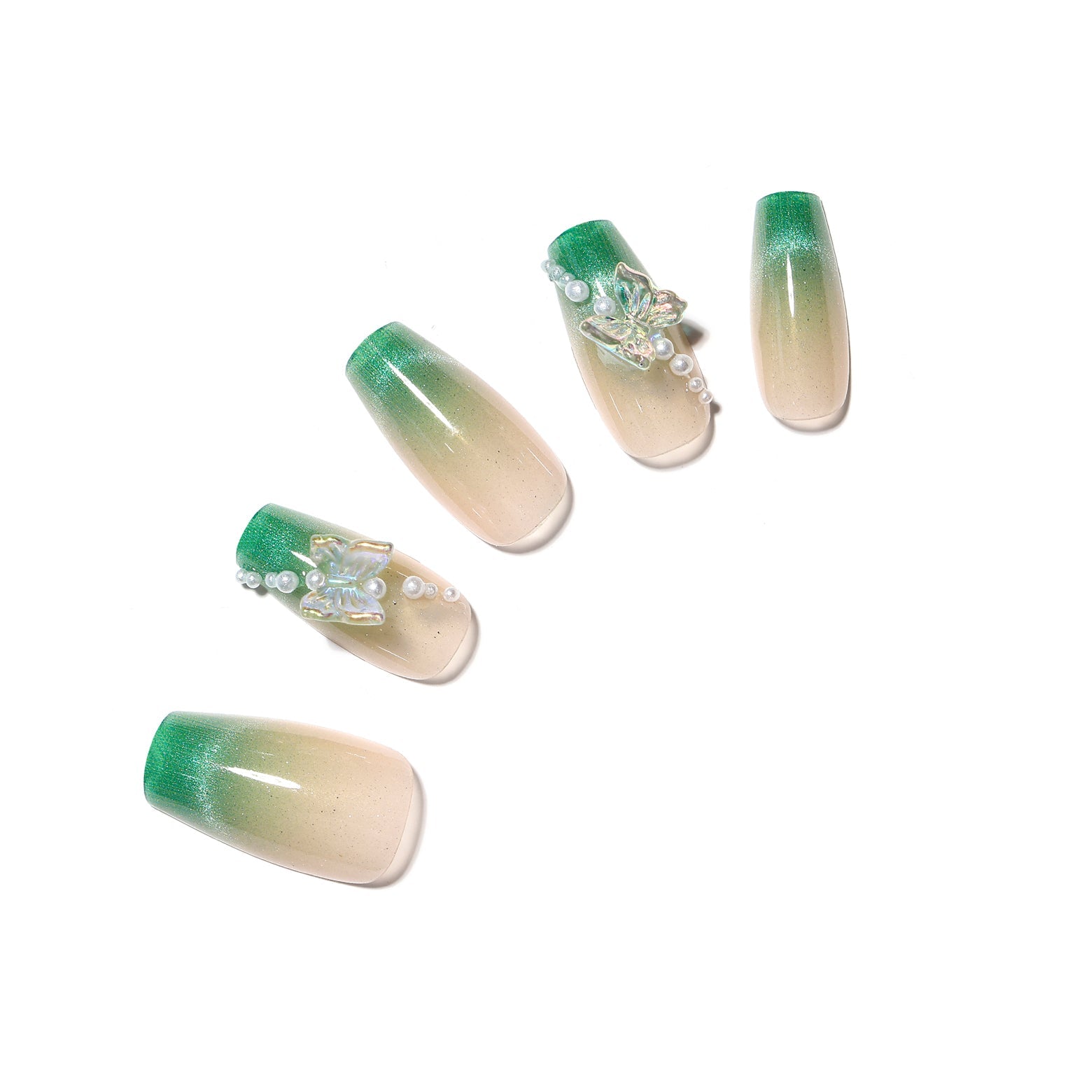 Garden Grace long coffin green French tip press-on nails with pearls and 3D butterflies 30-piece set