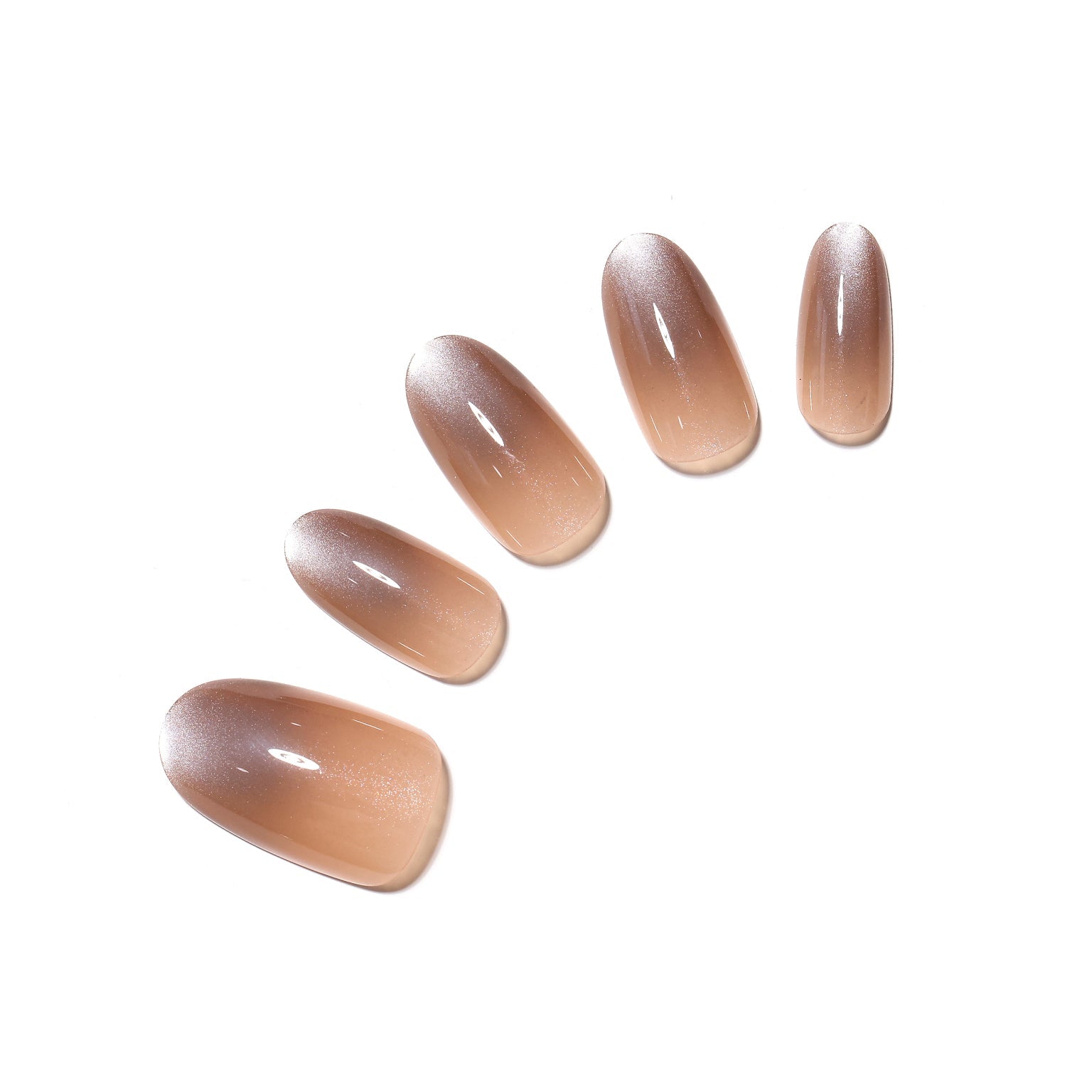 Brown oval ombre cat eye press-on nails with magnetic shimmer on white background