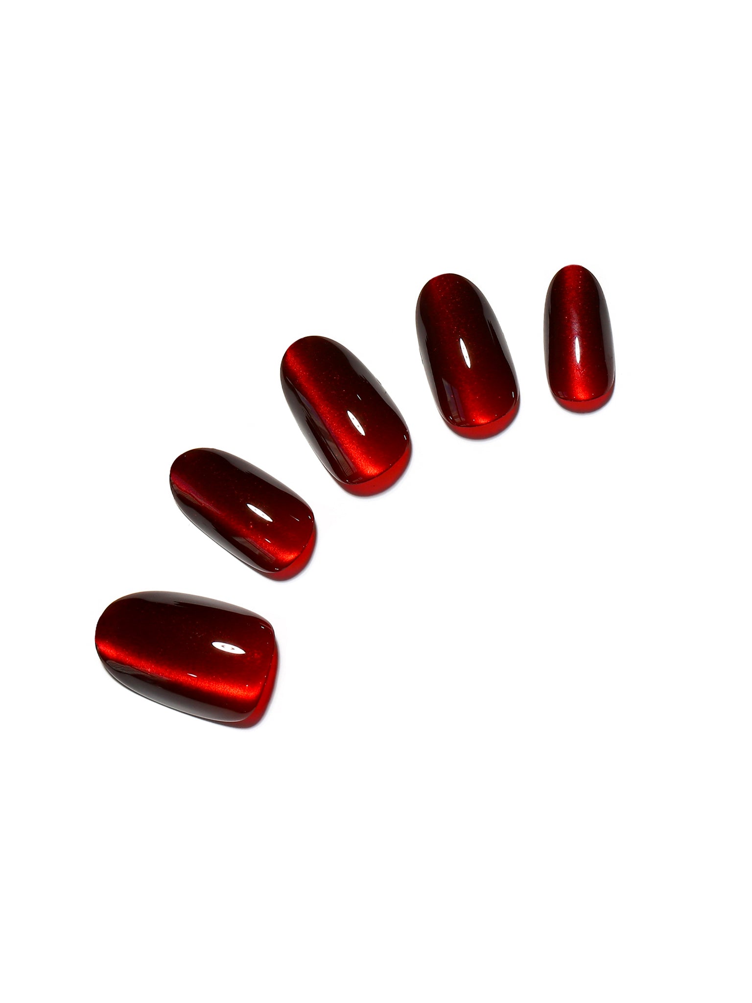 Blood Moon red cat eye short oval press on nails 30 piece acrylic set with magnetic shimmer