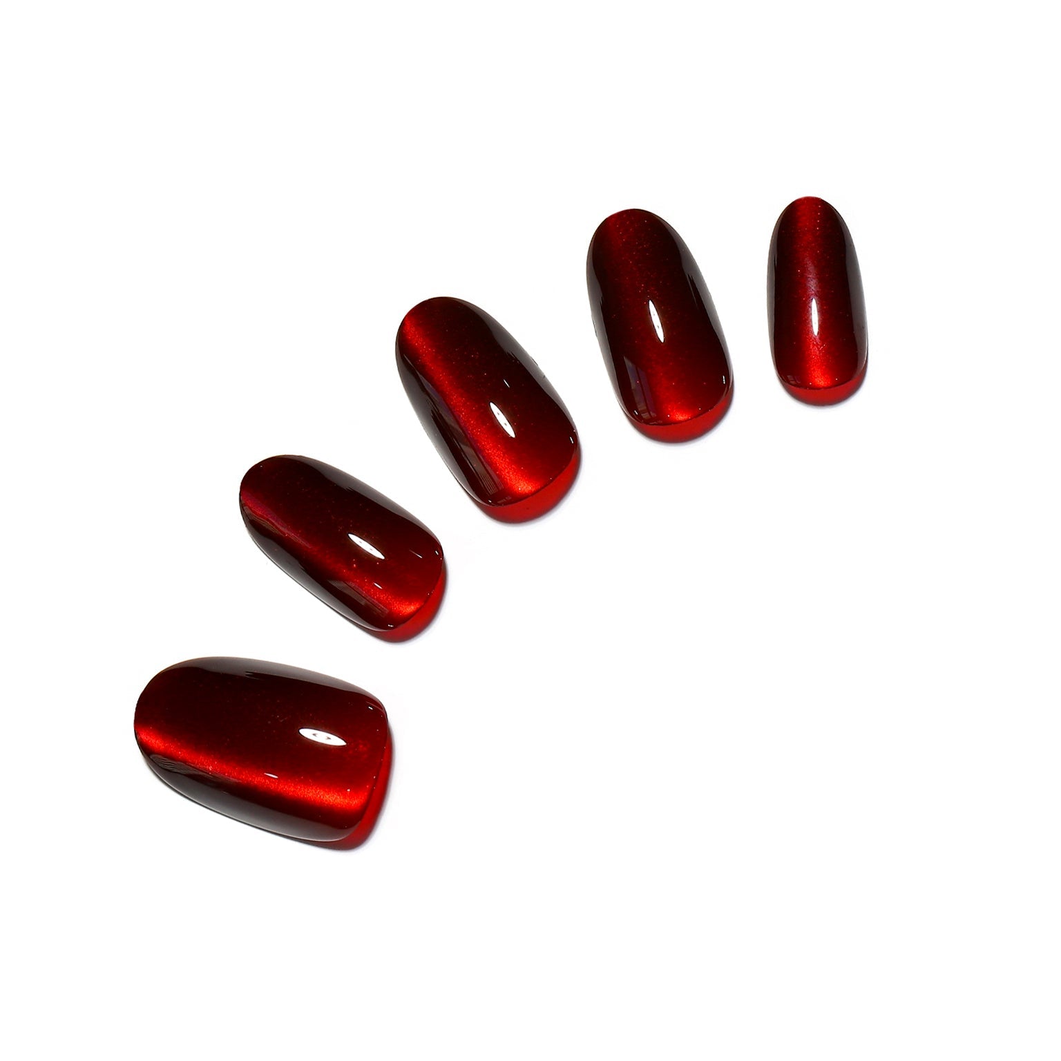 Blood Moon red cat eye short oval press on nails 30 piece acrylic set with magnetic shimmer