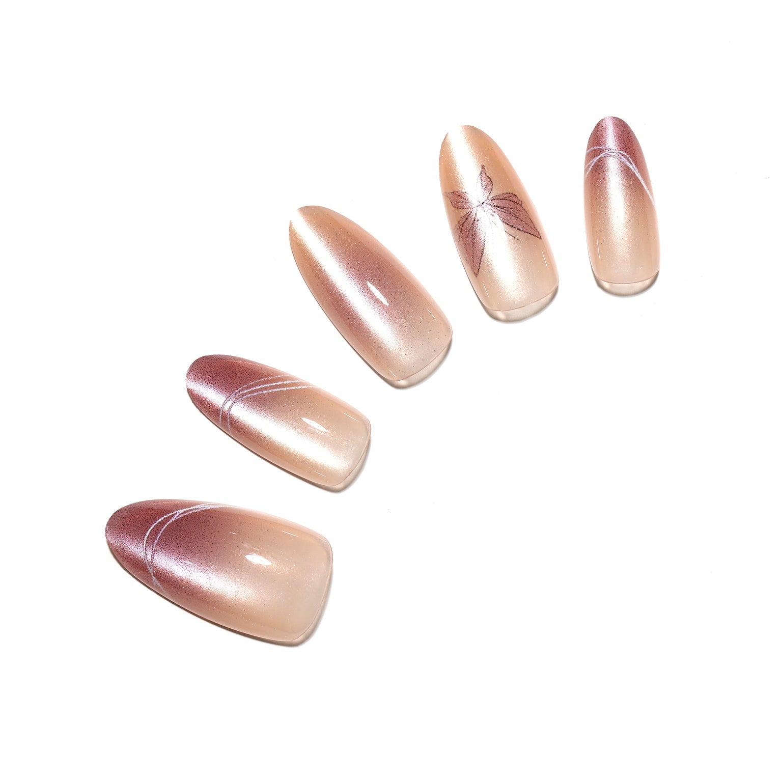 Butterfly Kiss long almond nude chrome press-on nails blush rose pearl glow 30-piece acrylic set