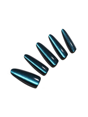 Set of blue metallic long stiletto shape press on nails