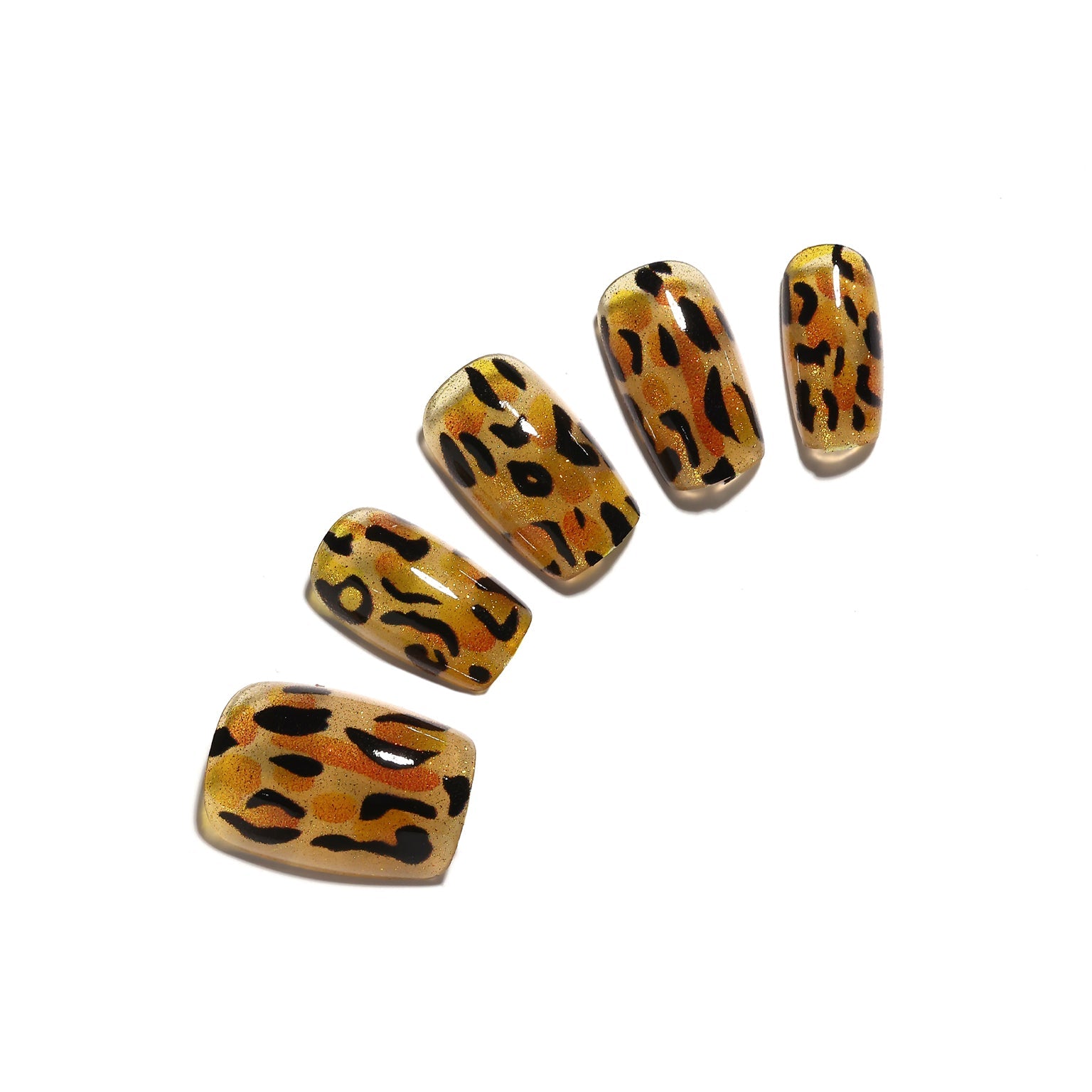 Sparkle Safari short square gold leopard print press-on nails glossy black spots animal print 30-piece set