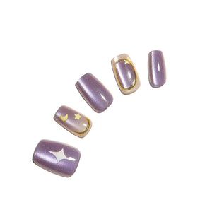Purple Stardust short square purple galaxy press-on nails with moon and star nail art