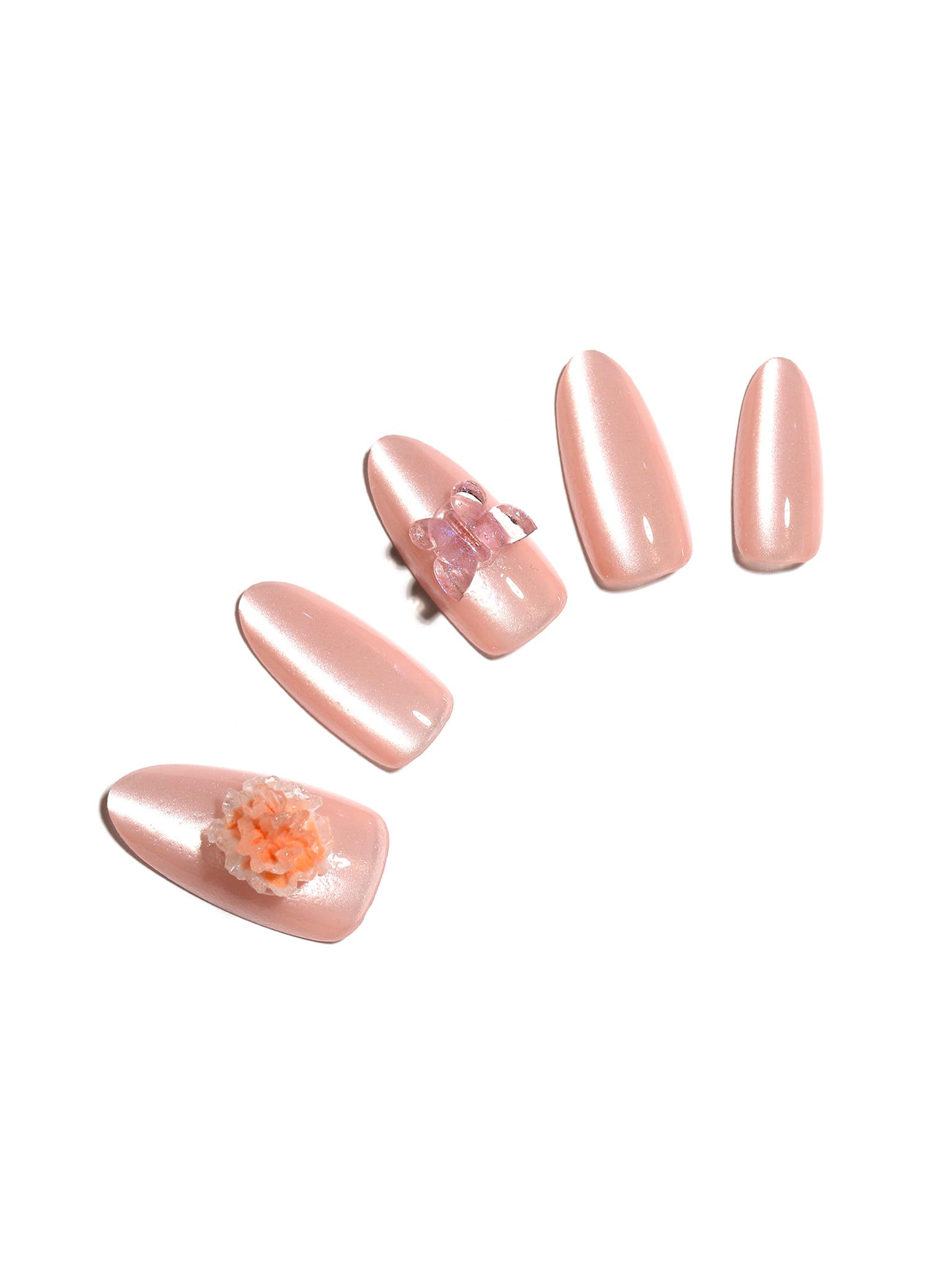 Silk Butterfly long almond pink chrome press-on nails blush pearl glaze with butterfly charm 30-piece set