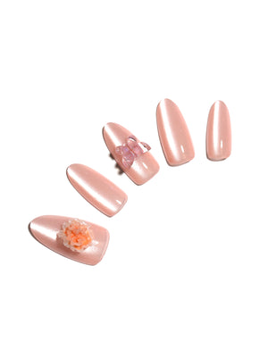 Silk Butterfly long almond pink chrome press-on nails blush pearl glaze with butterfly charm 30-piece set