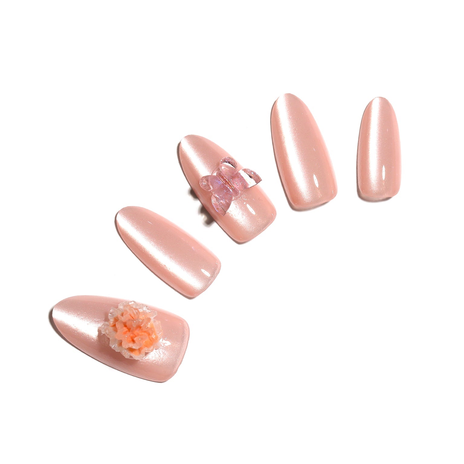 Silk Butterfly long almond pink chrome press-on nails blush pearl glaze with butterfly charm 30-piece set