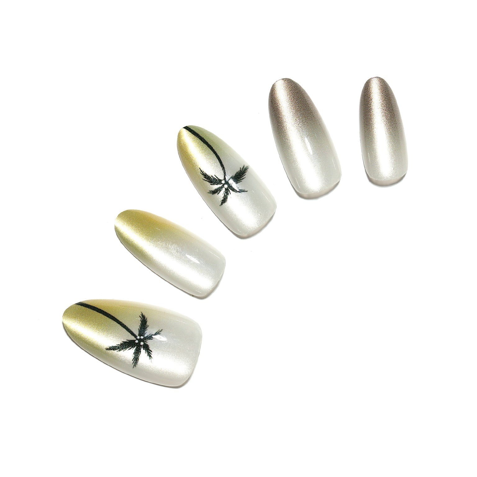 Palm Coast long almond gold and silver chrome press-on nails 30-piece high-density acrylic set