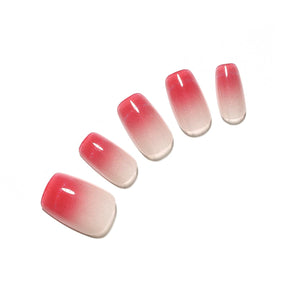 Strawberry Lover short square ombre French tip press-on nails sheer nude base glossy gradient tips 30-piece set