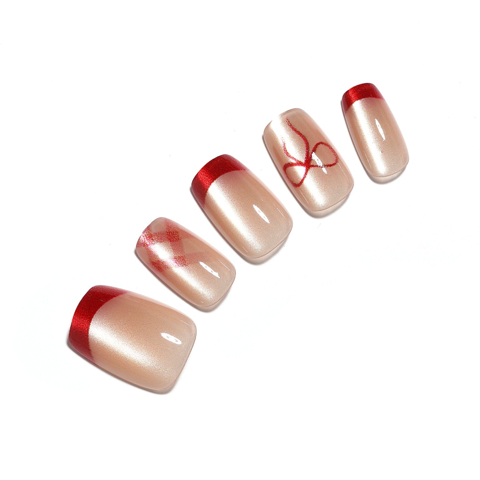 Garnet Bow nude shimmer red French tip bow press on nails 30 piece acrylic set