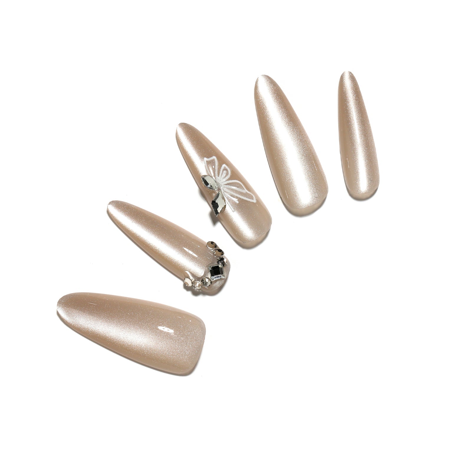 Soft Bloom long stiletto nude chrome press-on nails champagne pearl glow butterfly accent 30-piece set