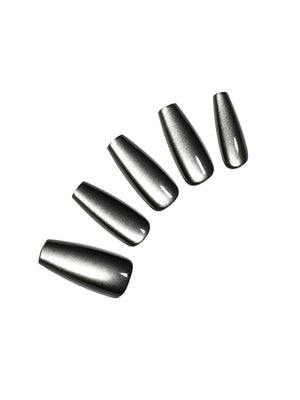 Silver metallic black long coffin press on nails