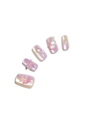 Ocean Princess pastel seashell press-on nails with lilac and pearl ombré and 3D starfish and seashell charms 30 piece set