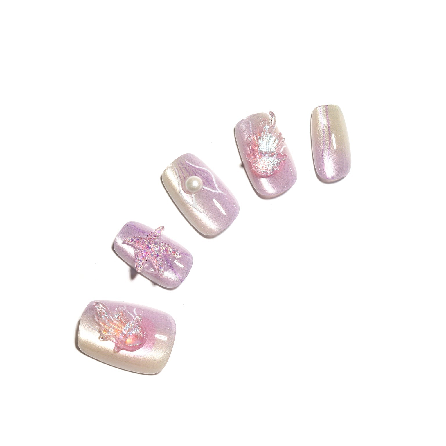 Ocean Princess pastel seashell press-on nails with lilac and pearl ombré and 3D starfish and seashell charms 30 piece set