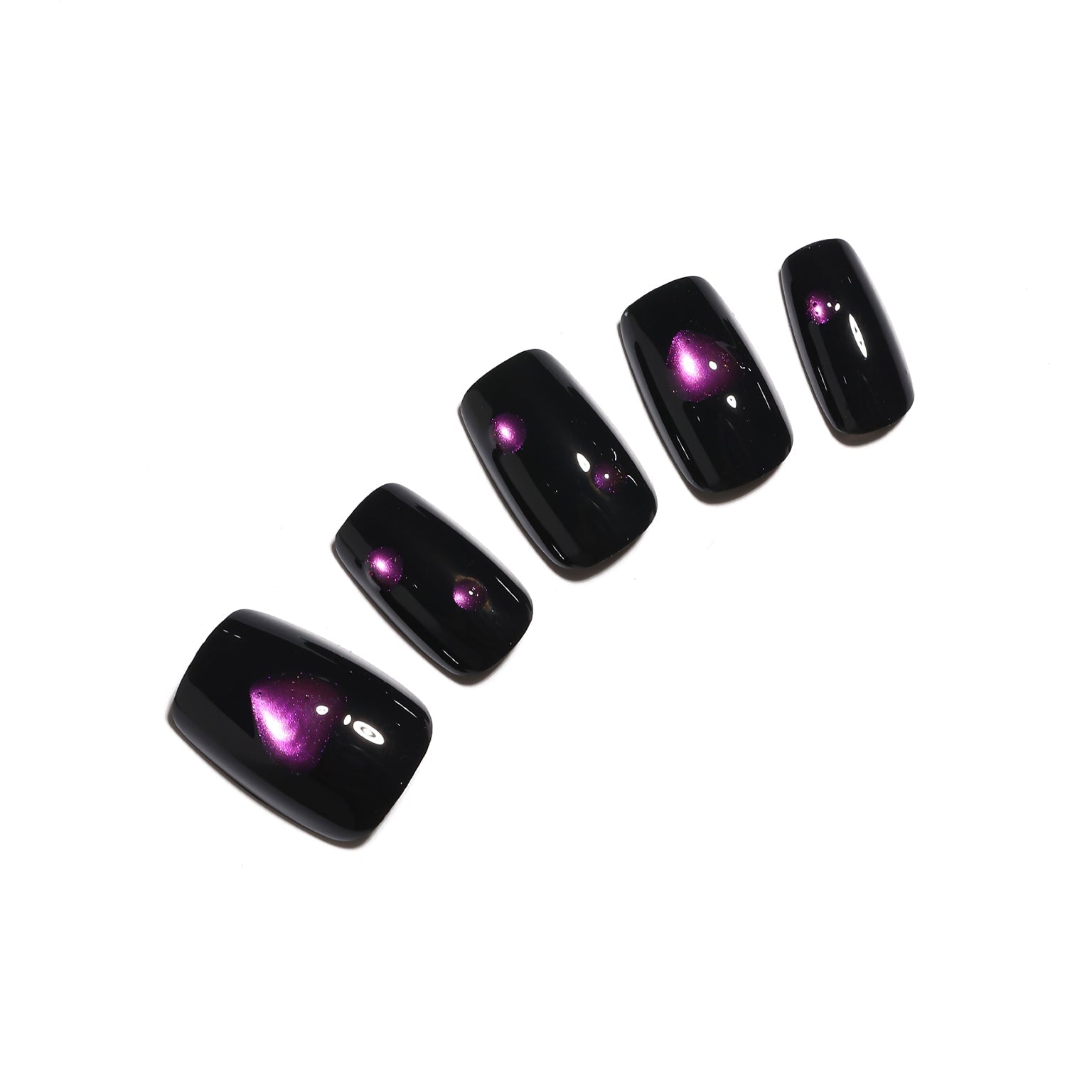 Galaxy Heart Nails short square black press-on nails purple cat eye glow heart galaxy highlight 30-piece set