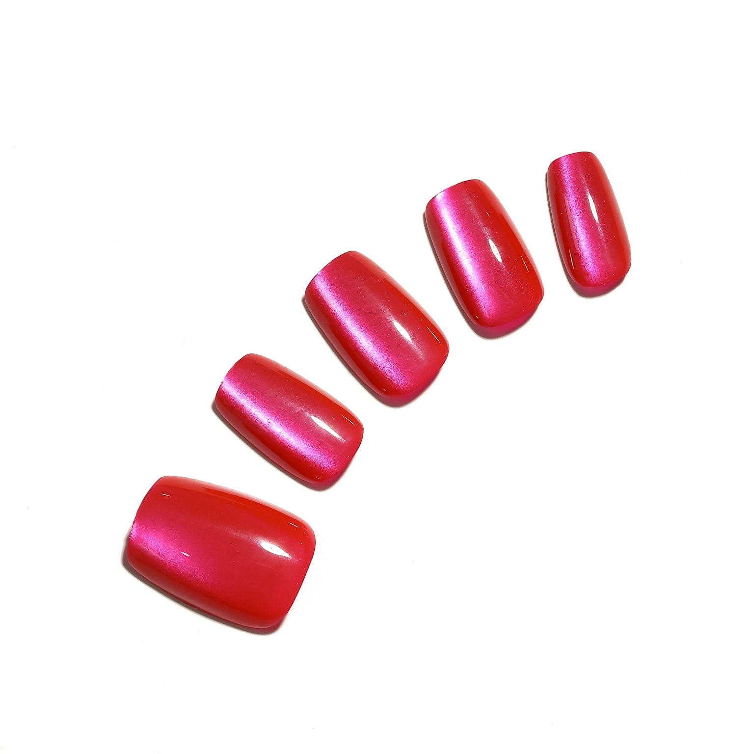 Hot Pink Rush square hot pink cat eye press-on nails with coral red accent nails glossy 30-piece set