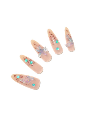 Star of the Tide long almond nude ocean charm press-on nails turquoise gems 3D starfish sea turtle PMMA acrylic set