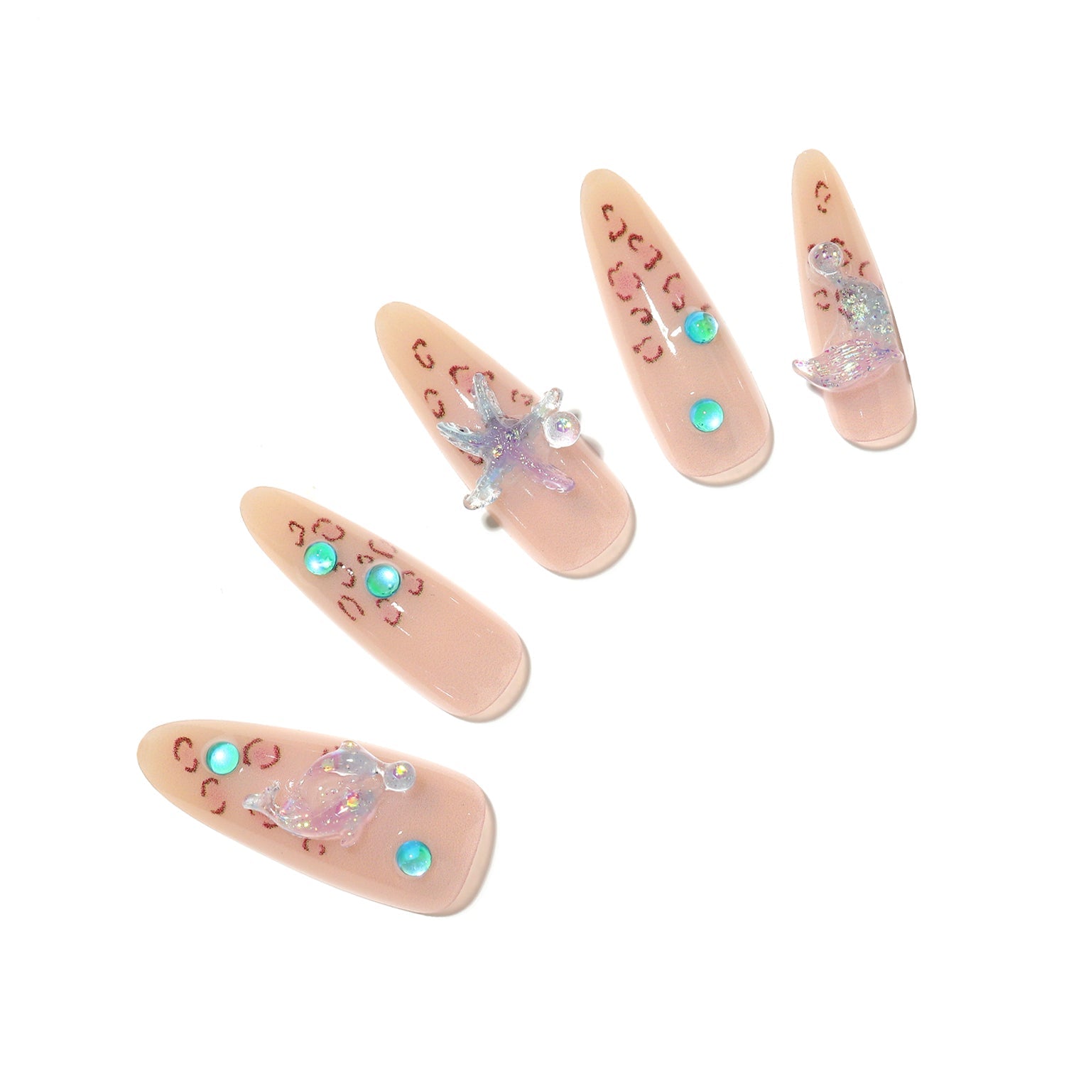Star of the Tide long almond nude ocean charm press-on nails turquoise gems 3D starfish sea turtle PMMA acrylic set