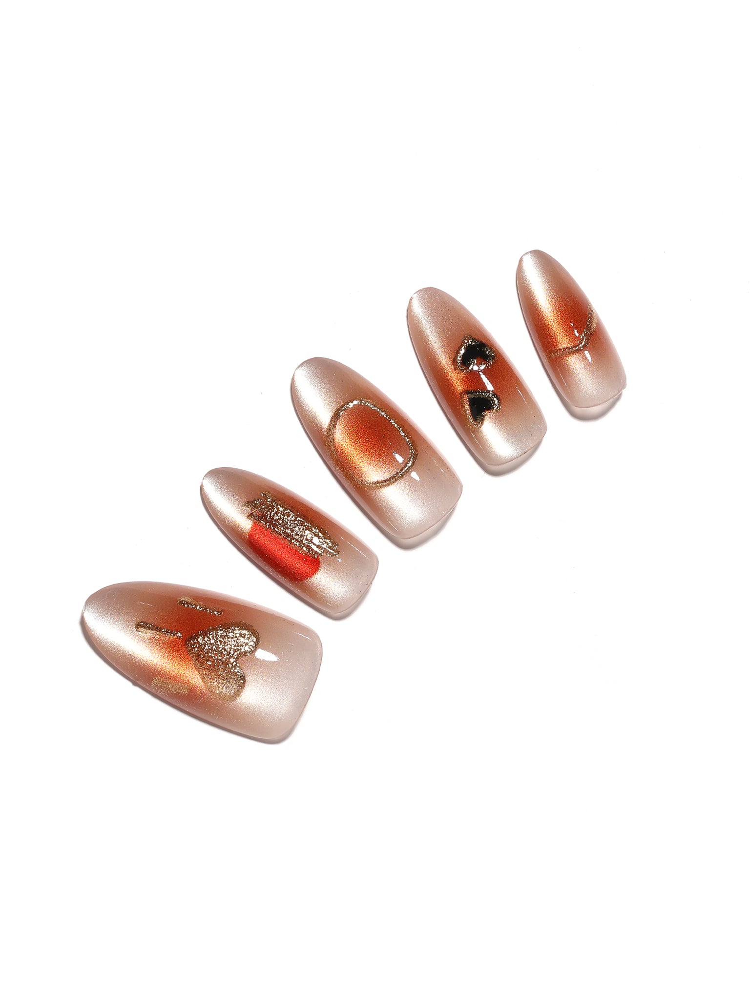 Love Dip champagne shimmer almond press on nails with gold heart and card nail art 30 piece acrylic set
