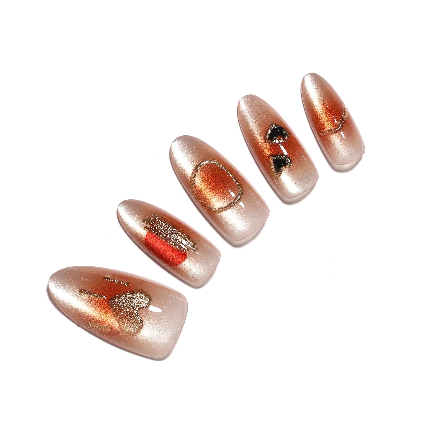 Love Dip champagne shimmer almond press on nails with gold heart and card nail art 30 piece acrylic set