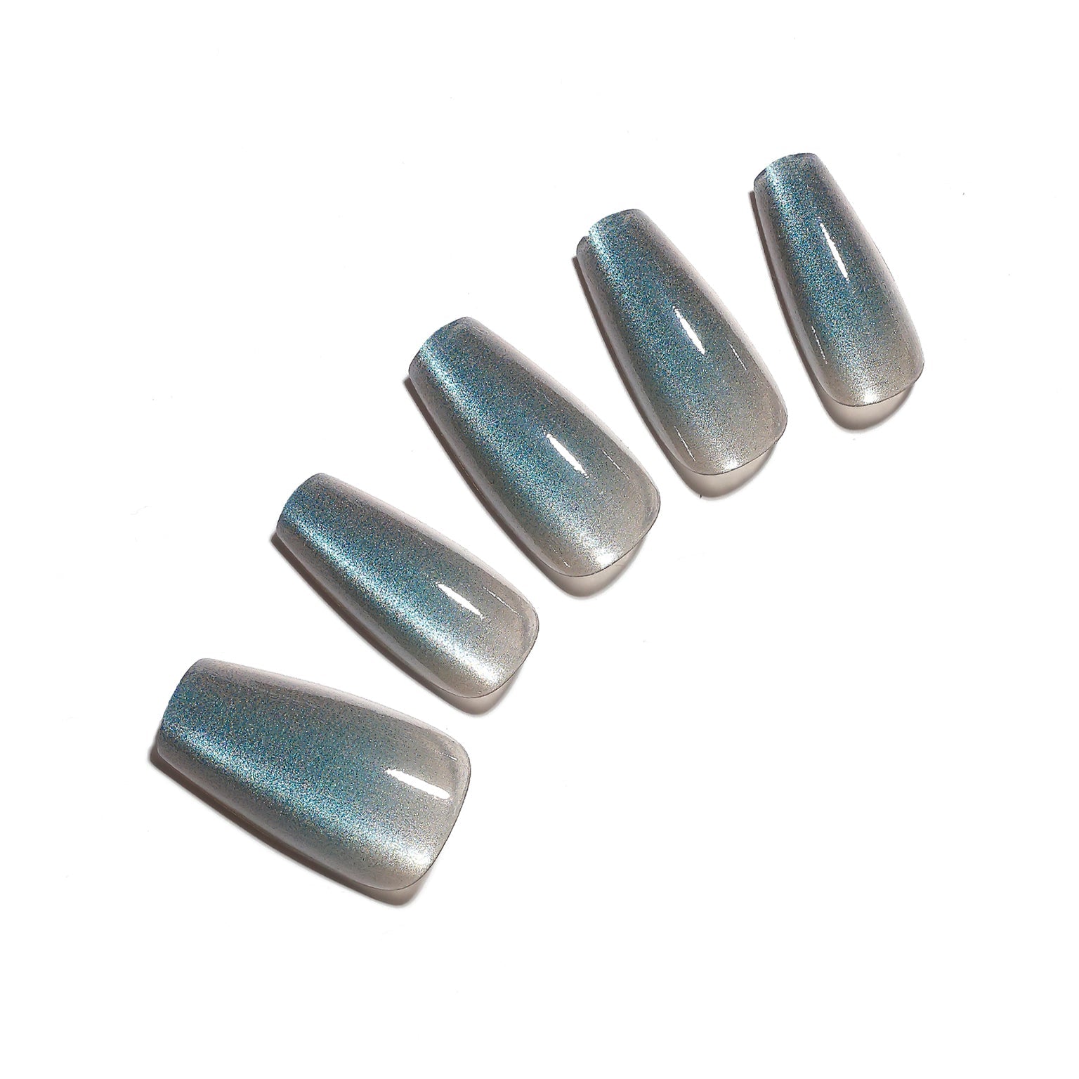 Moon Dust medium coffin silver chrome press-on nails metallic cool toned 30-piece full-design set