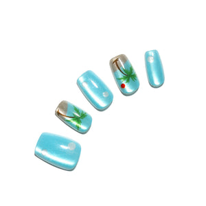 Palm Beach blue square press on nails with palm tree nail art