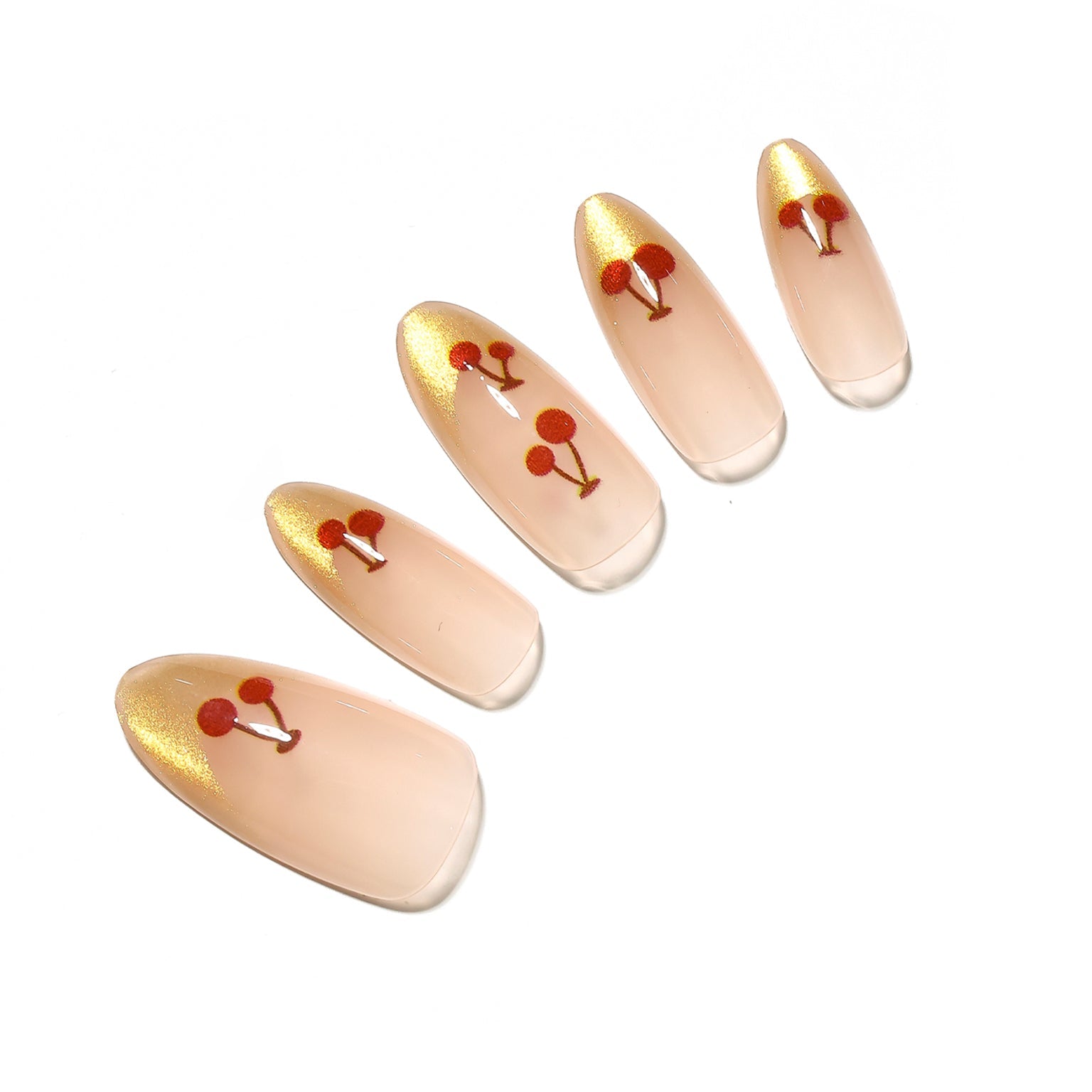 Cherry Spark Nails medium almond nude press-on nails with gold French tips and cherry accents 30-piece set