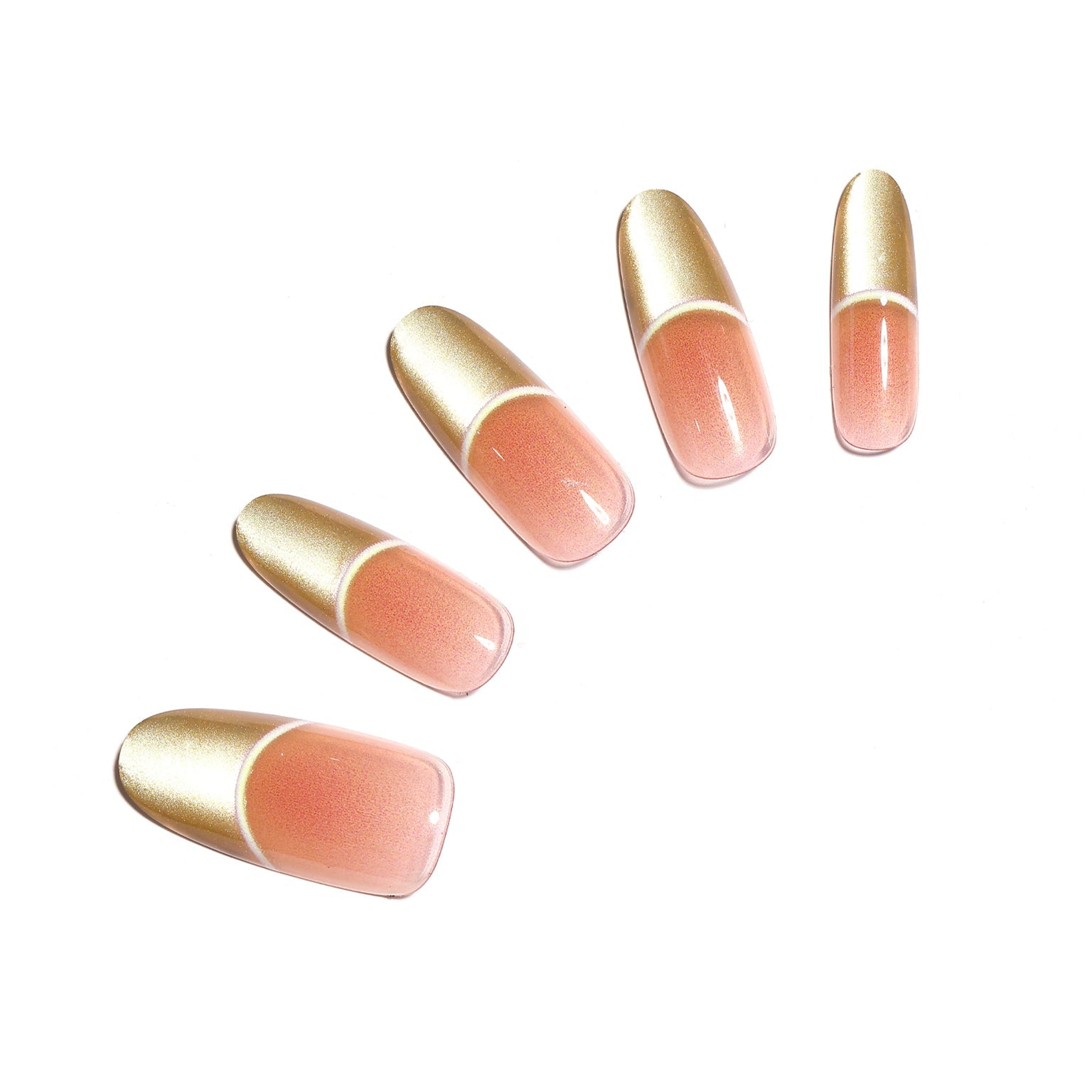 Gold French tip oval press-on nails with nude base on white background