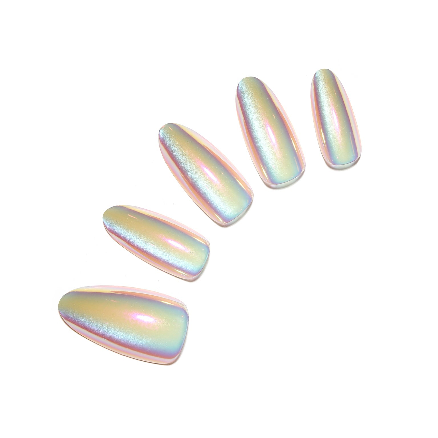 Holographic metallic almond press-on nails, reflective chrome finish on white background