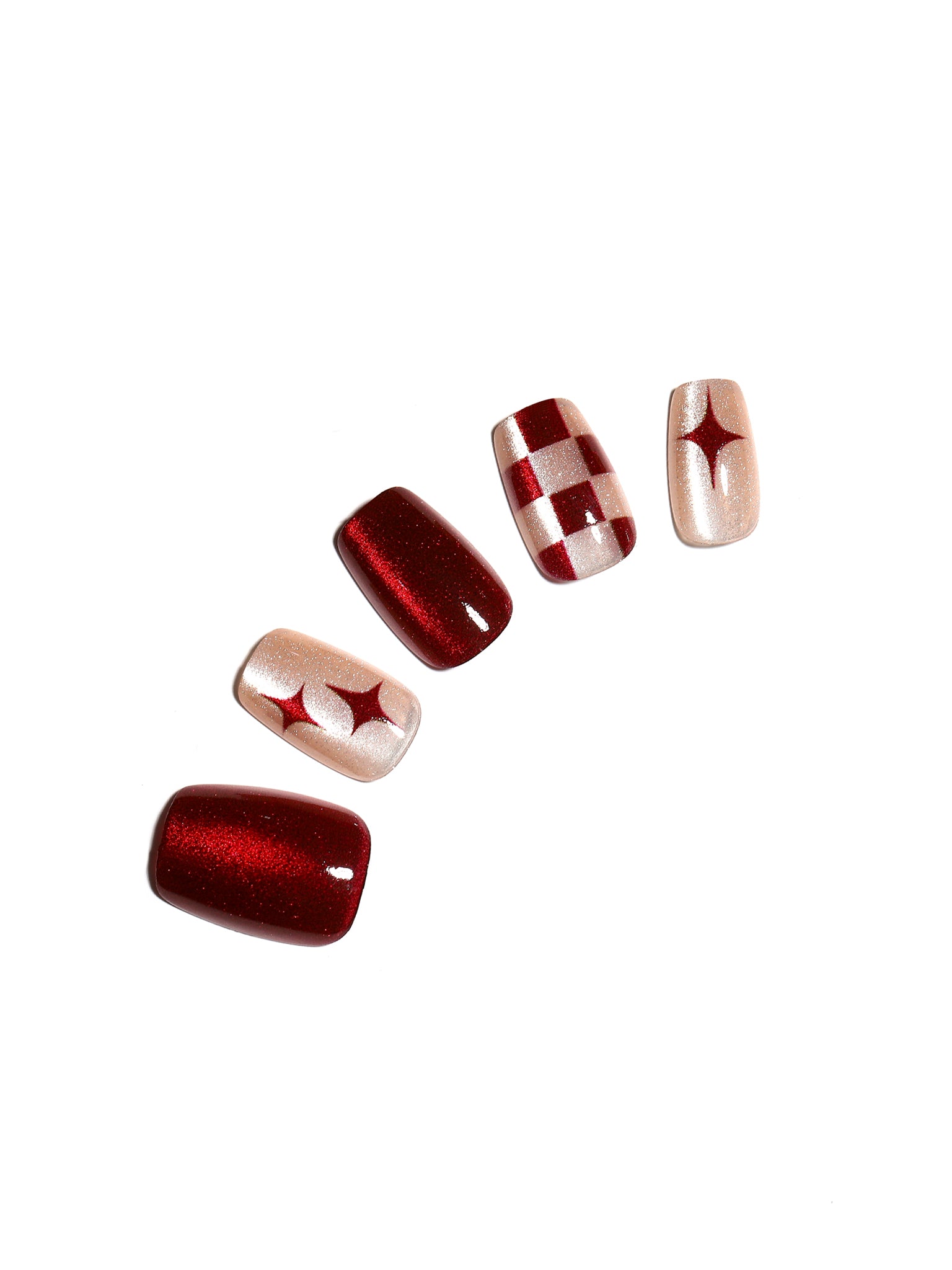 Ruby Sparkle red glitter and nude shimmer checker star square press on nails 30 piece acrylic set
