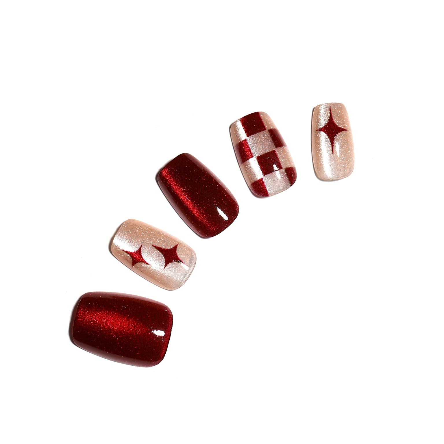 Ruby Sparkle red glitter and nude shimmer checker star square press on nails 30 piece acrylic set